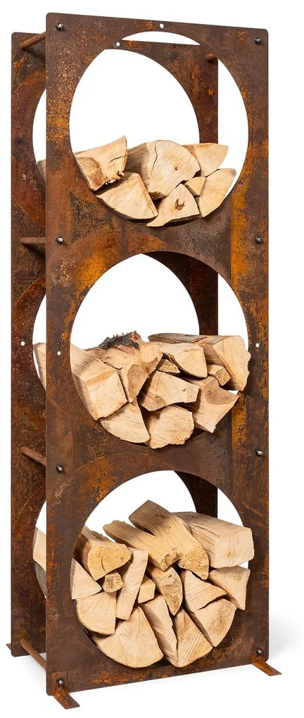 Trio Circulo, stojan na drevo, regál, 55 × 160 × 30 cm, 3 mm oceľ, hrdzavý vzhľad