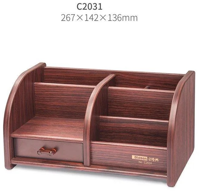 Drevený stojan na perá s 5 priehradkami a zásuvkou tmavé drevo