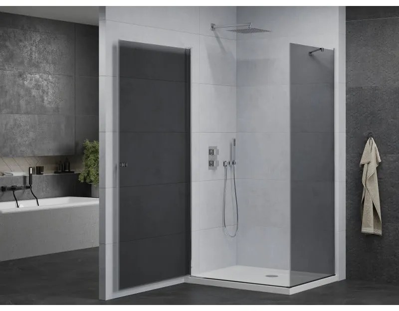 Mexen Pretoria, sprchovací kút 70 (dvere) x 90 (stena) cm, 6mm šedé sklo, chrómový profil + biela sprchová vanička, 852-070-090-01-40-4010