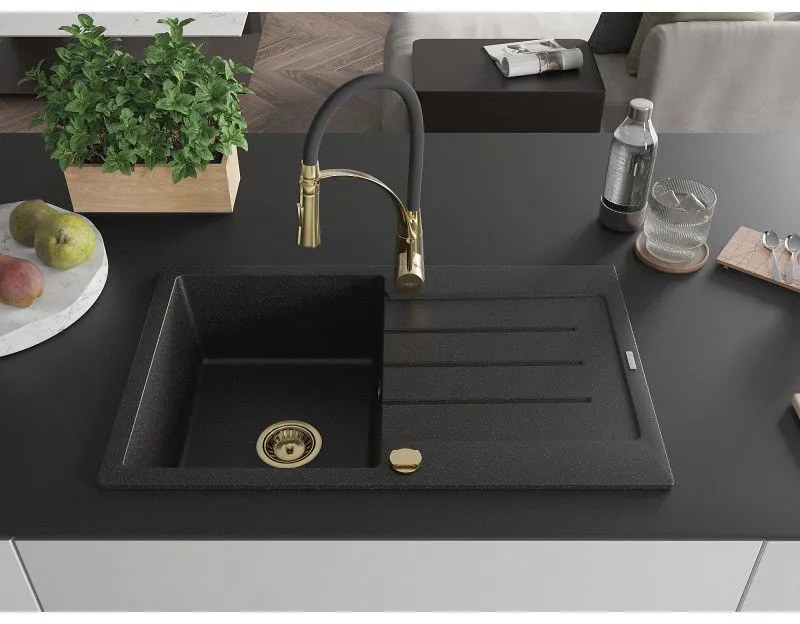 Mexen Bruno, 1-komorový granitový drez 795x495x200 mm a drezová batéria Aster, čierna-strieborná metalíza, 6513-73-73450-57-G