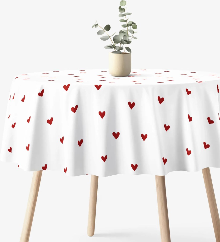 Goldea okrúhly obrus 100% bavlnené plátno - červené srdiečka na bielom Ø 120 cm