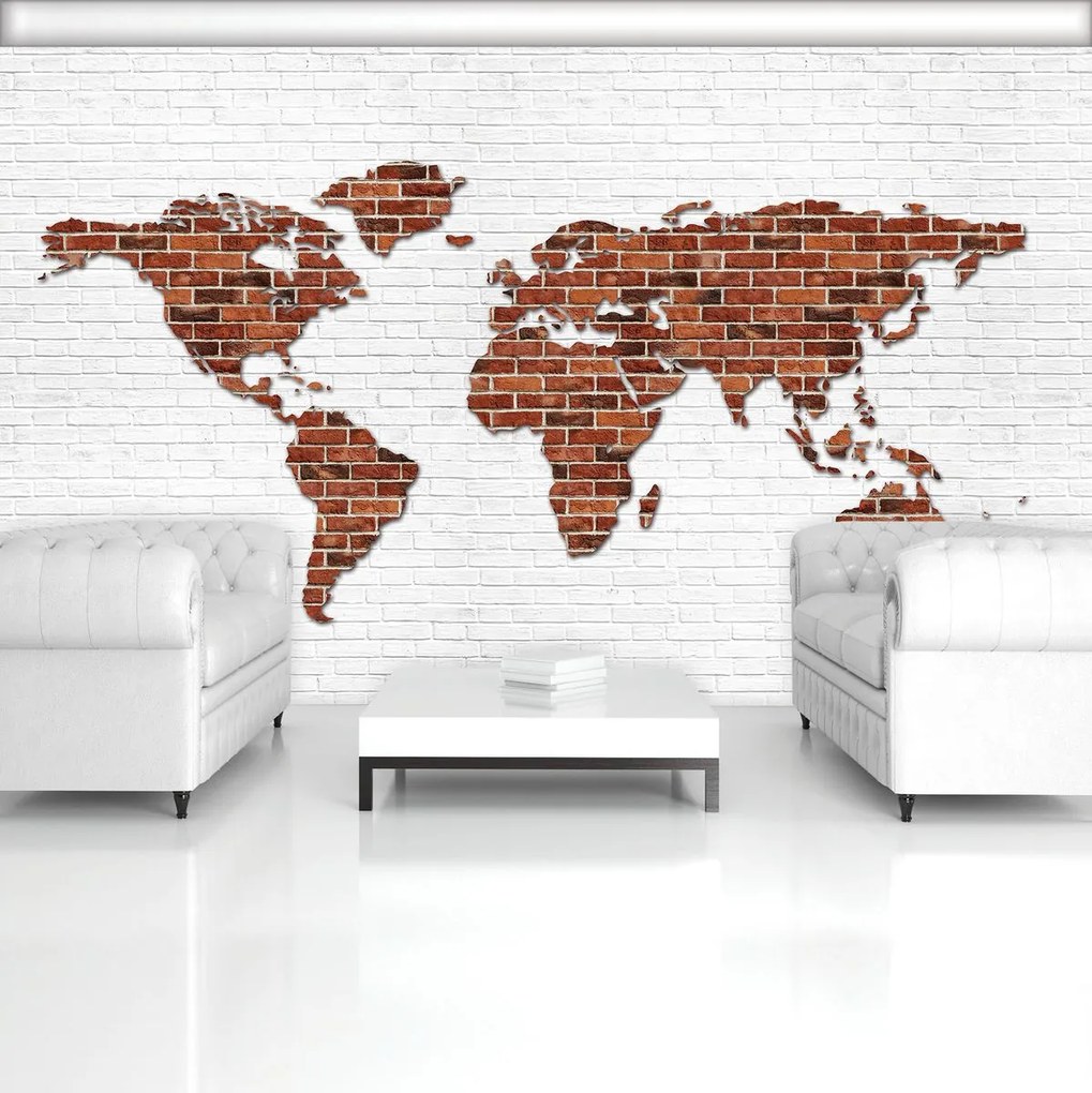 Fototapeta - Mapa sveta na tehlovej stene (254x184 cm), 10 ďalších rozmerov