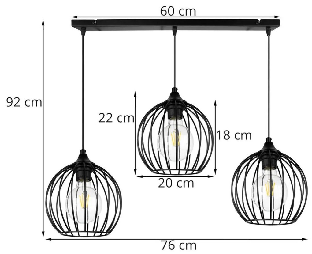 Závesné svietidlo TORONTO, 3x čierne drôtené tienidlo