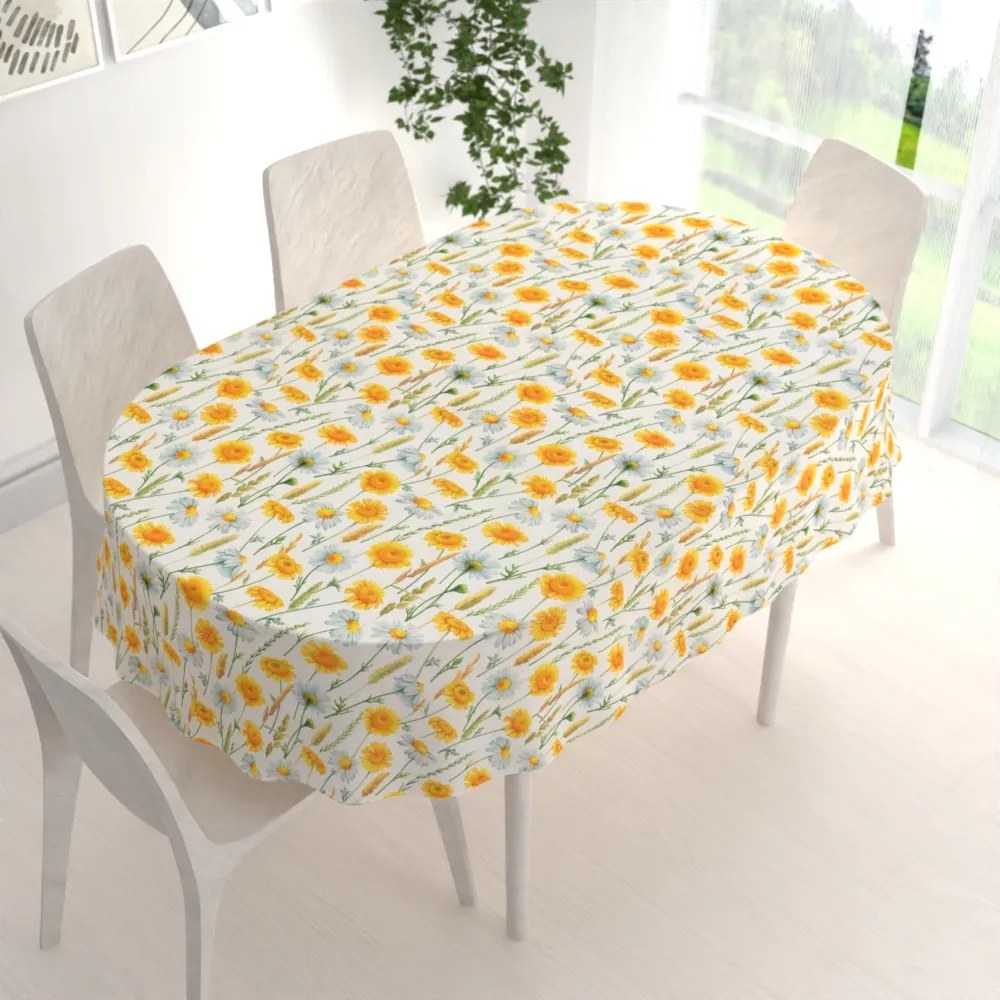 Biante Dekoračný oválny obrus PML-104 Biele a žlté margaréty na bielom 140x220 cm