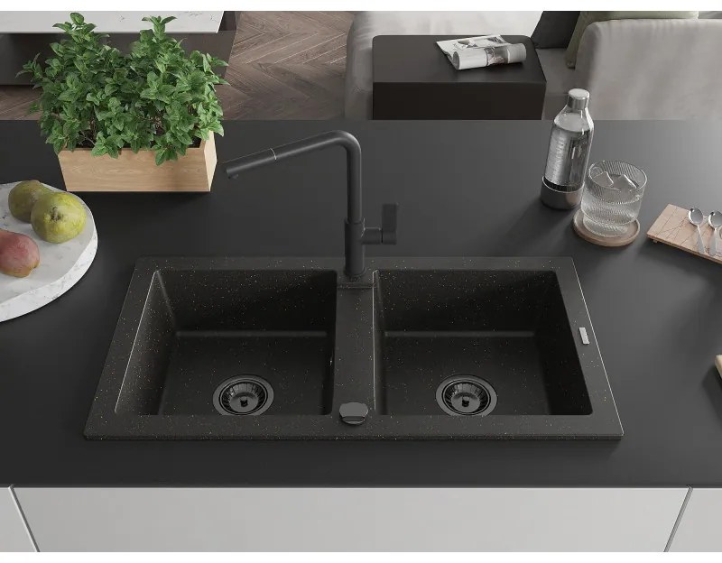 Mexen Mario, 2-komorový granitový drez 820x436x161 mm a drezová batéria Flora, čierna-zlatá metalíza, 6504-75-670401-70-B