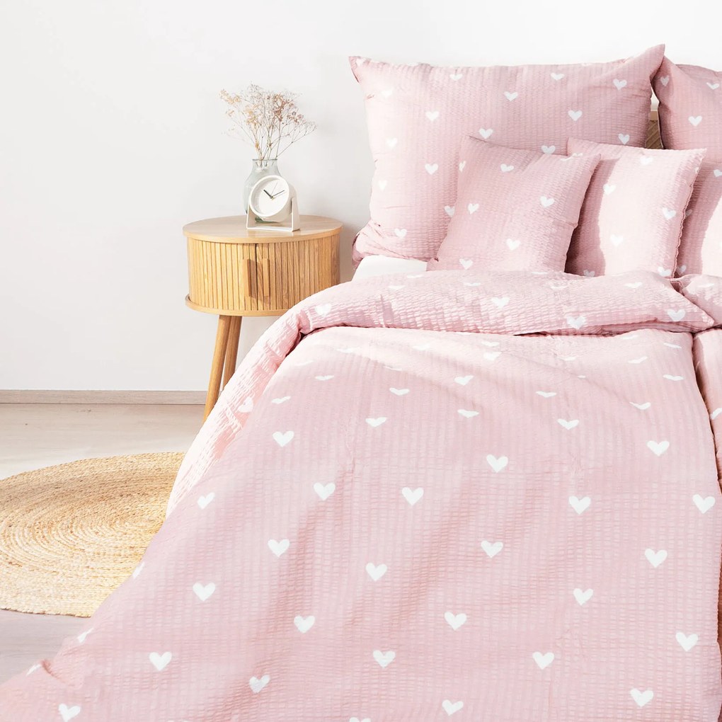 Goldea krepové posteľné obliečky - srdiečka na púdrovo ružovom 140 x 220 a 70 x 90 cm