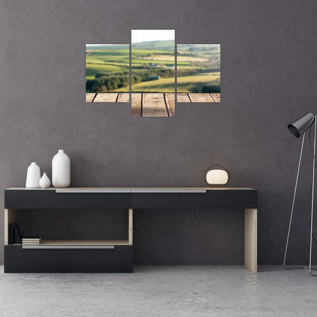 Obraz - Drevená polica s krajinou (90x60 cm)