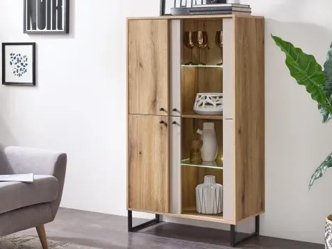 Vitrínová skrinka Cube, dub evoke / pieskovo šedá, s osvetlením%