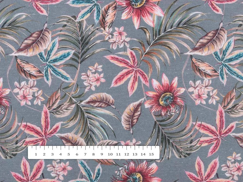 Biante Dekoračný štvorcový obrus PML-043 Tropické kvety na sivom 130x130 cm