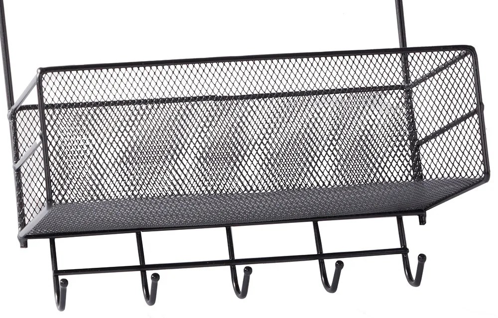 VERK GROUP Dvojposchodová závesná kovová polica do kúpeľne s 5 háčikmi, čierny ARGO