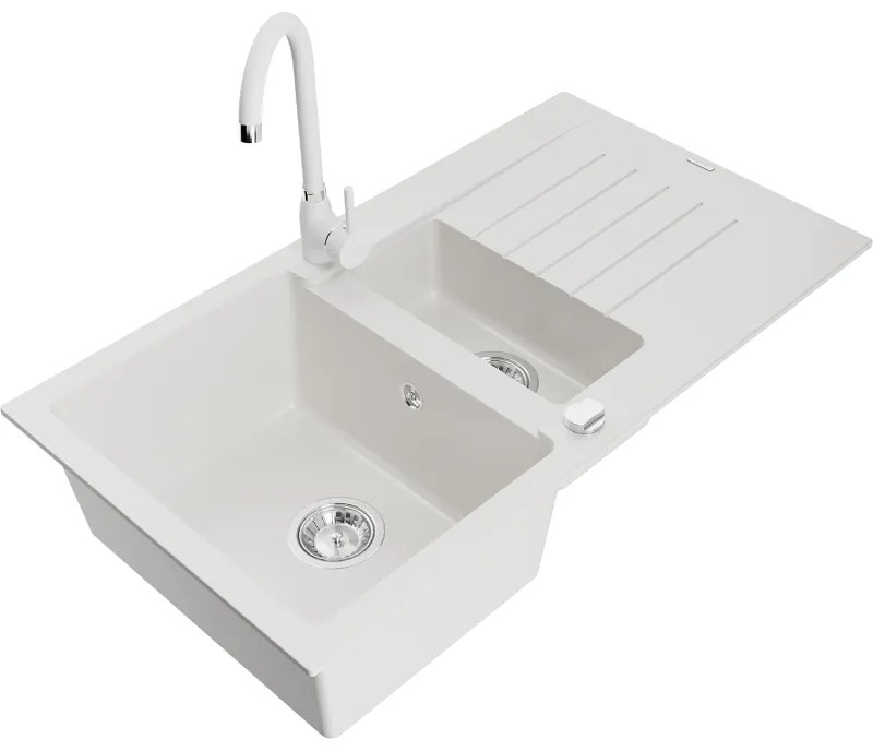 Mexen Matias, 1,5-komorový granitový drez s odkvapkávačom 90x50 cm a kuchynskou batériou Telma, biela, 6502-20-670200-20