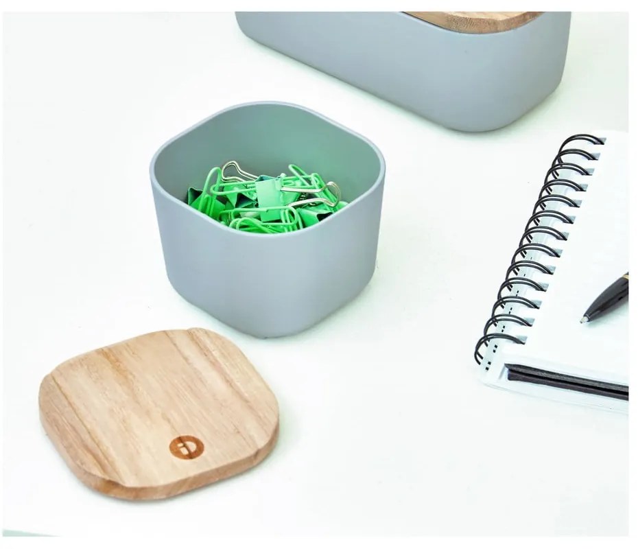 Sivý úložný box s vekom z dreva paulownia iDesign Eco, 9 x 9 cm