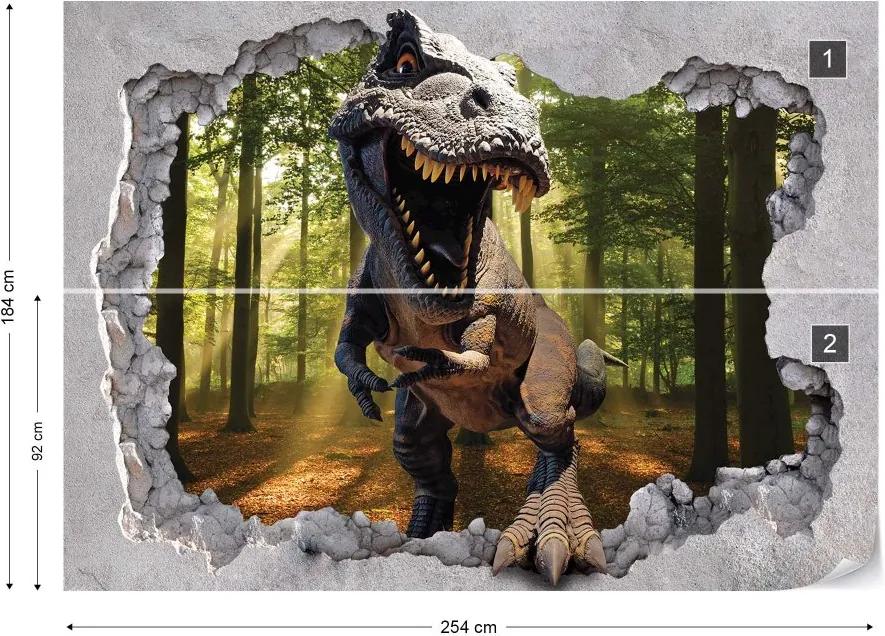 GLIX Fototapeta - Dinosaur 3D Jumping Out Of Hole In Wall Vliesová tapeta  - 254x184 cm