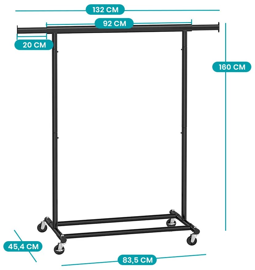Nastaviteľný pojazdný stojan na oblečenie, čierny