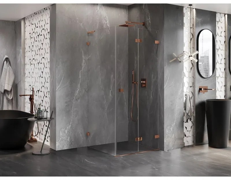 Mexen Lunar-F L, 1-krídlový sprchový kút so skladacími dverami, pravý, 100 x 100 cm, 8mm číre sklo, ružové zlato profil, 836L-100-100-60-00-P