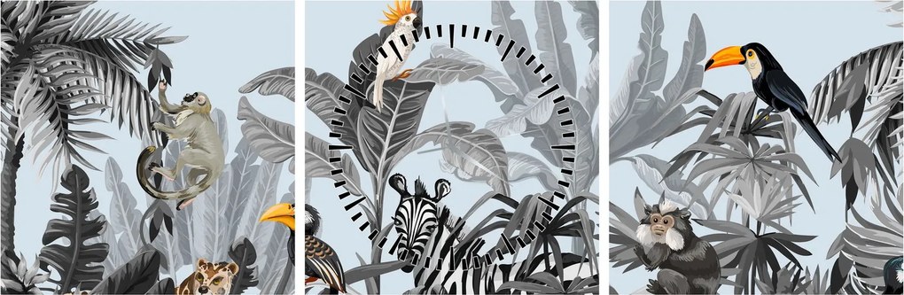 Obraz zvierat v tropickom lese (s hodinami) (90x30 cm)