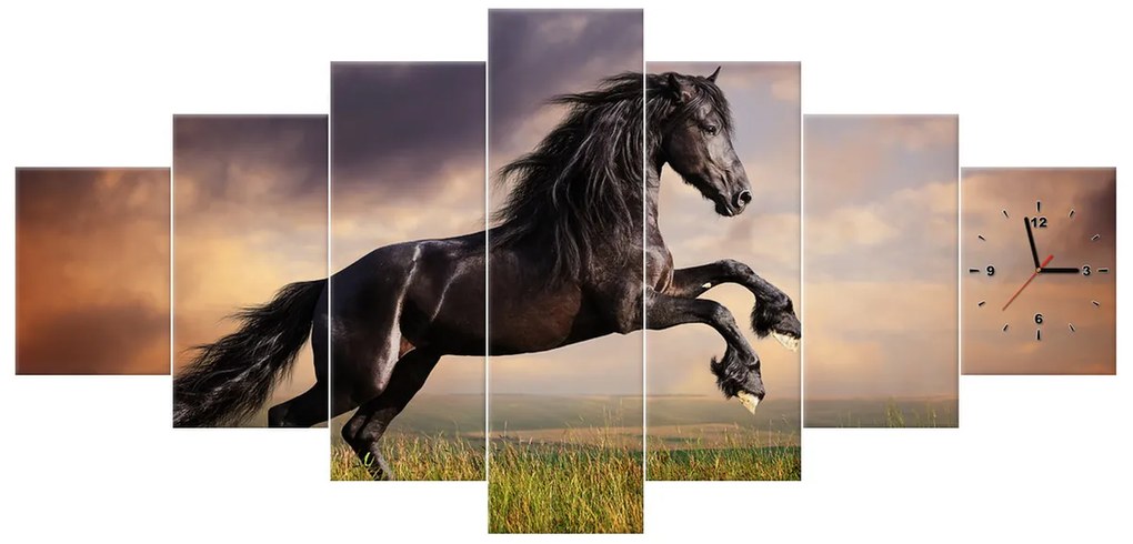 Gario Obraz s hodinami Silný čierny kôň - 7 dielny Rozmery: 160 x 70 cm