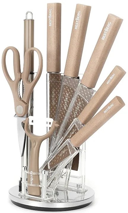 9-dielna súprava nožov s otočným stojanom a nepriľnavým diamantovým povrchom BestBerg BBK-9CF / hnedá
