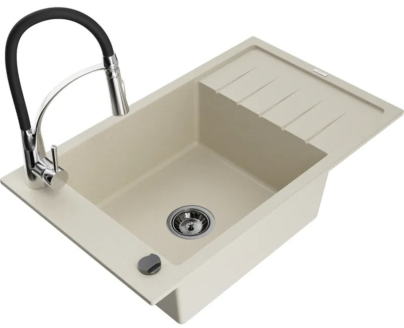 Mexen Elias, 1-komorový granitový drez 795x480x200 mm a drezová batéria Aster, béžová, 6511-69-73450-07-B