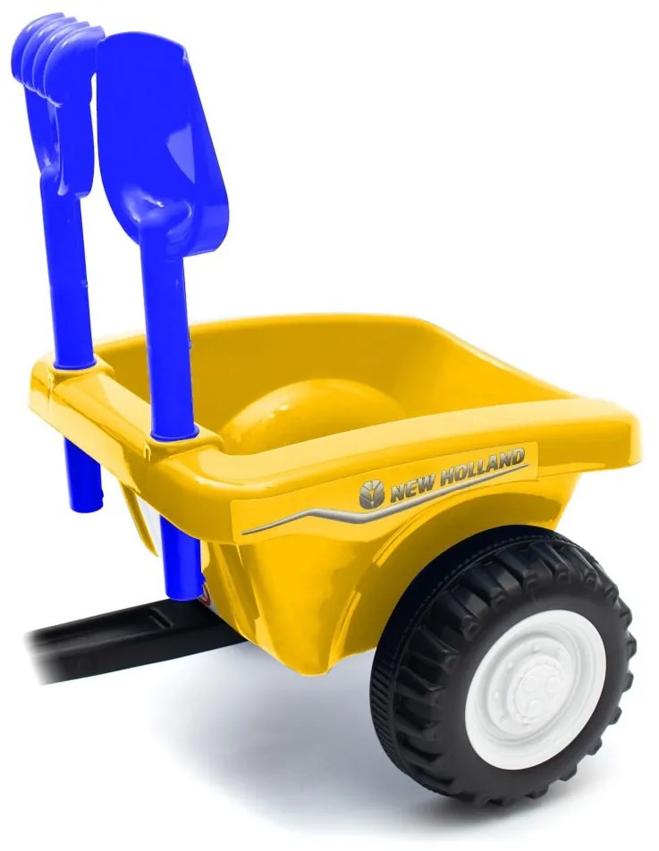 Detské odrážadlo traktor s vlečkou a náradim Baby Mix New Holland žltý