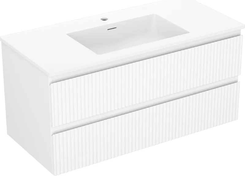 Mexen Rivel, kúpeľňová skrinka 100 cm s umývadlom Otis, 2 zásuvky, drážkovaná, biela matná, 91A20-10047-2-BFF01-W18M01