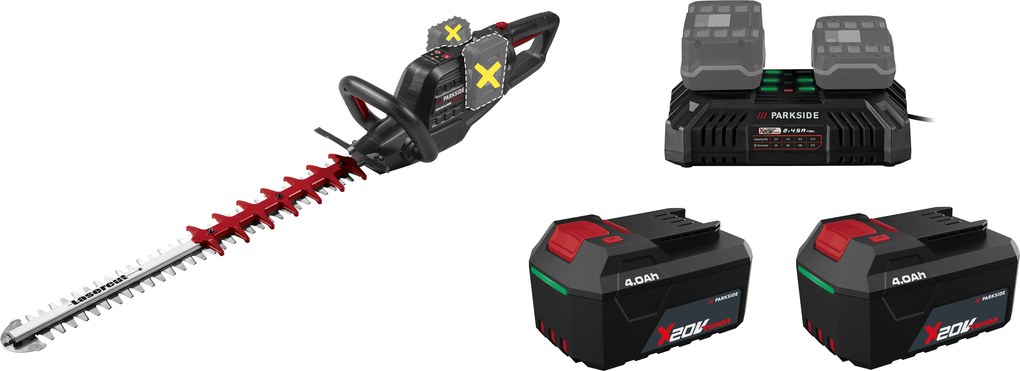 Parkside Performance® Aku nožnice na živý plot Ppahs 40 A1 + Akumulátor 20 V/4 Ah PAP 204 A1, 2 kusy + Dvojitá nabíjačka 20 V/4,5 A (800012588)
