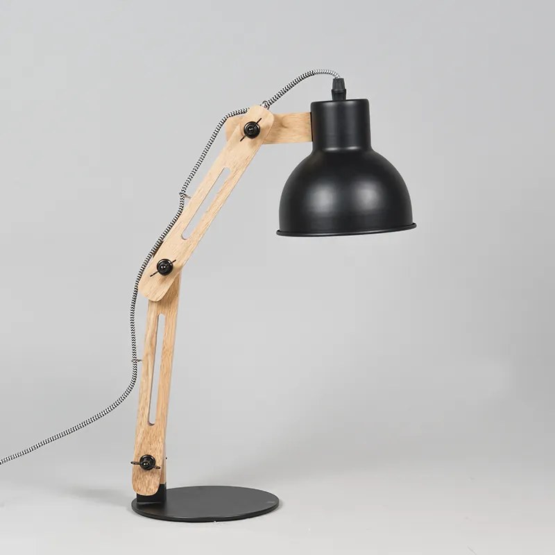 Priemyselná stolná lampa čierna s drevom - Woodi