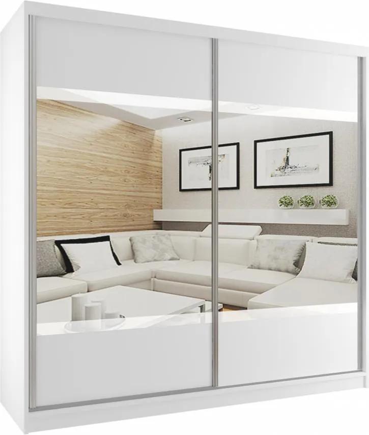 Luxusná šatníková skriňa s posuvnými dverami so zrkadlom v elegantnom vyhotovení šírka 200 cm biely korpus S dojezdem