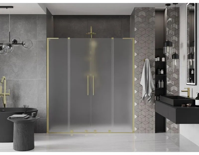 Mexen Velar L Duo, posuvné sprchové dvere do otvoru 200 cm, 8mm sklo námraza, zlatá matná, 871-200-003-32-55