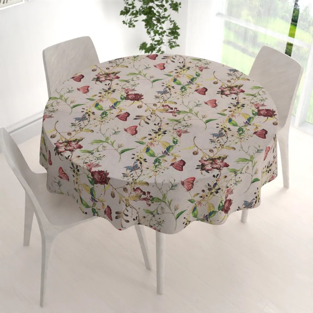 Biante Dekoračný okrúhly obrus PML-083 Kvety a motýle na béžovom Ø 70 cm
