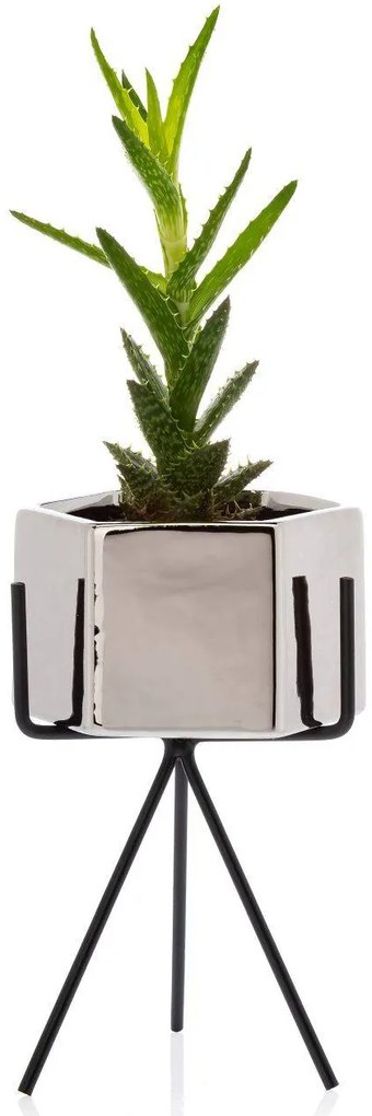 KERAMICKÝ KVETINÁČ SO STOJANOM SASHI 18X10 CM STRIEBORNÁ