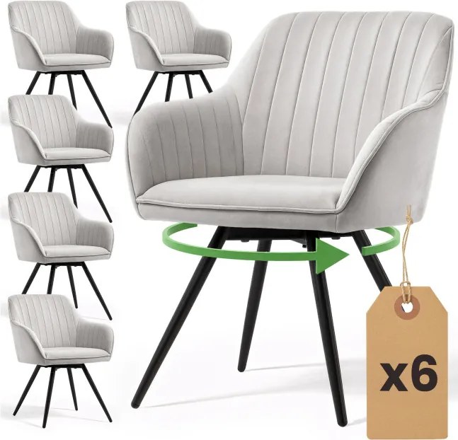 Sada šiestich otočných jedálenských stoličiek TURNO zamatové, sivé / čierne nohy (6 ks)