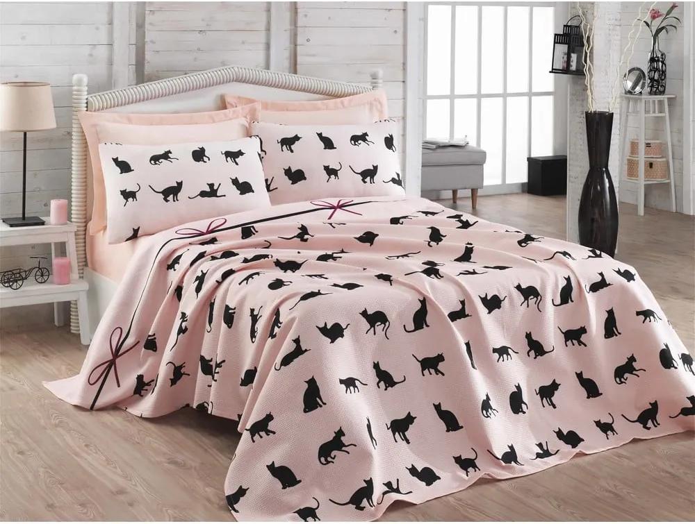 Pléd cez posteľ na dvojlôžko s obliečkami na vankúše a plachtou Cat, 200 × 235 cm