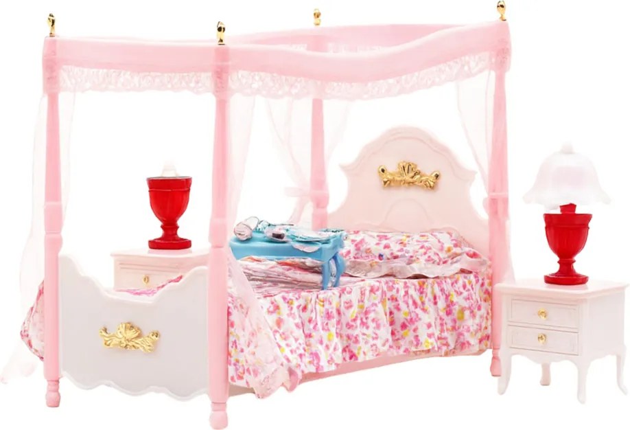 LEAN Toys Sada nábytku pre bábiky Posteľ s baldachýnom Nočné stolíky Lampy