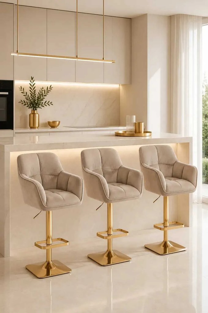 LuxuryForm DESIGN Barová stolička AMALFI VELUR na zlatej hranatej základni - latte