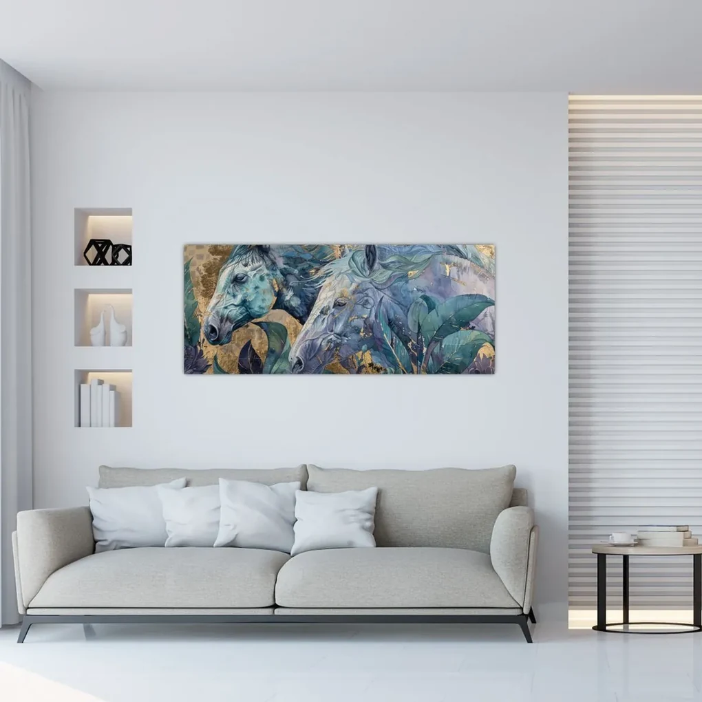Obraz - Kone so zlatým pozadím (120x50 cm)