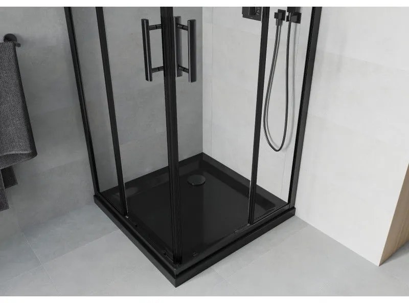 Mexen Rio, štvorcový sprchovací kút s posuvnými dverami 80 x 80 cm, 6mm číre sklo, čierny profil + čierna sprchová vanička, 860-080-080-70-00-4070B
