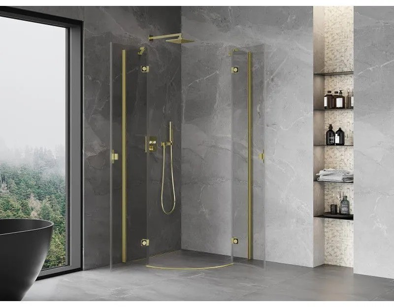 Mexen Mist, polkruhový výklopný sprchový kút 90 x 90 cm, číre sklo, zlatý matný profil, 8A33-090-090-55-00