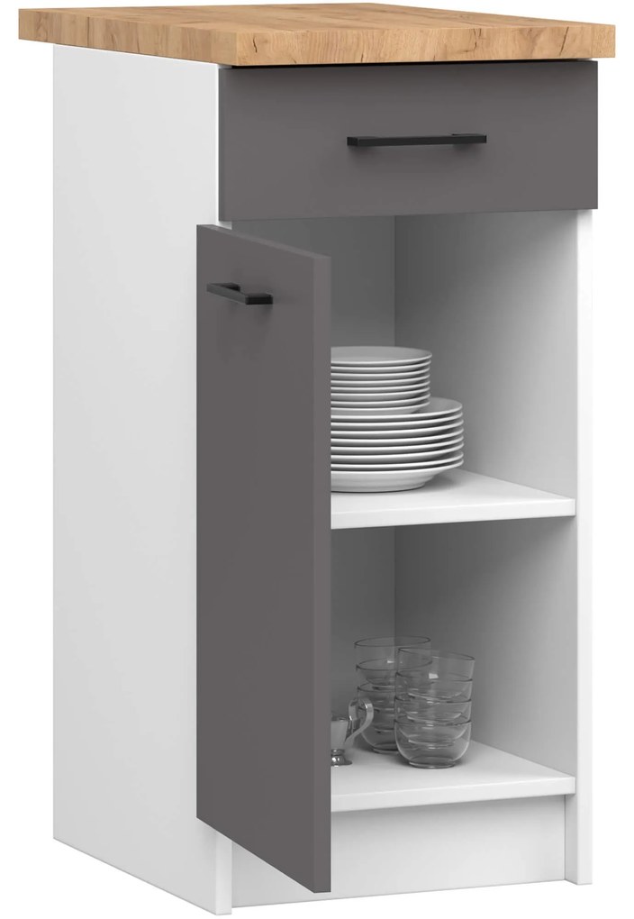 Kuchynská skrinka OLIVIE 40x85 cm matná biela/matná grafitová sivá/dub prírodný