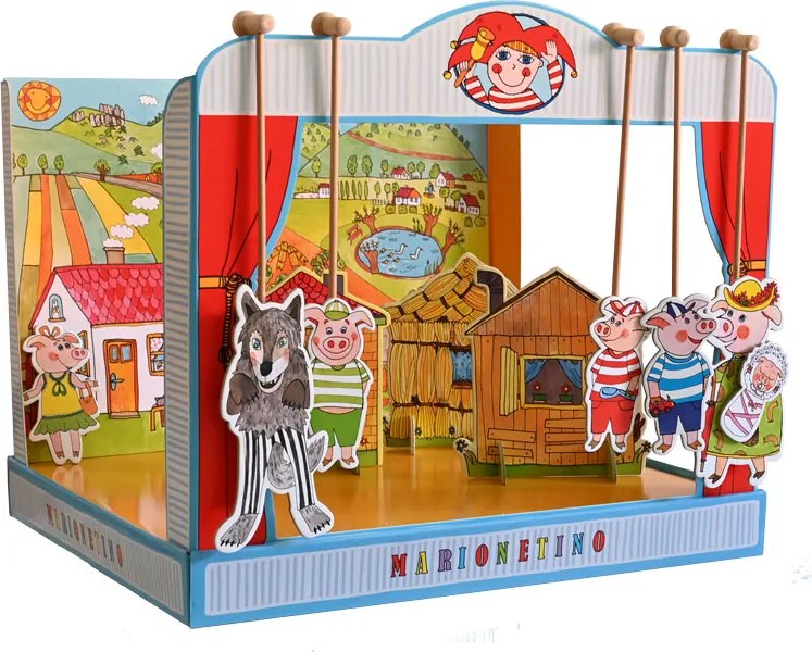 MARIONETINO Bábkové divadlo so zvieratkami – prasiatka a kozliatka (kompletný set, 15 bábok)
