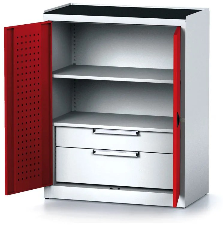 Policová dielenská skriňa 2-dverová MECHANIC, 1 polica, 2 zásuvky, 920 x 500 x 1170 mm, červené dvere