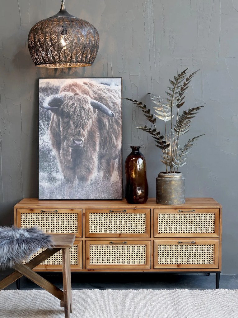 Hnedá antik drevená komoda so šuplíkmi a výpletom French wicker - 122*36*51cm