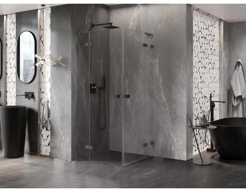 Mexen Lunar, L Duo výklopný sprchový kút 110 x 110 cm, 8mm číre sklo, grafitový profil, 834L-110L-110P-95-00