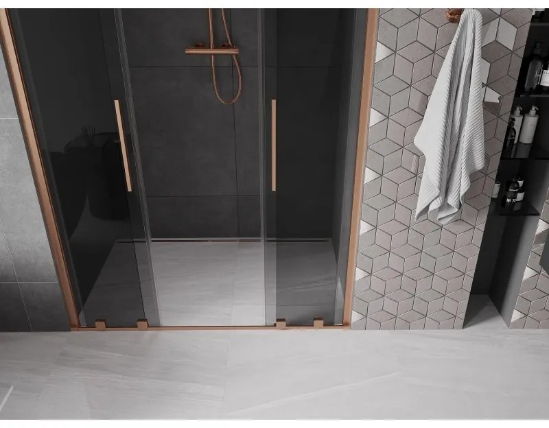 Mexen Velar L Duo, posuvné sprchové dvere do otvoru 160 cm, 8mm šedé sklo, medená matná, 871-160-003-42-65