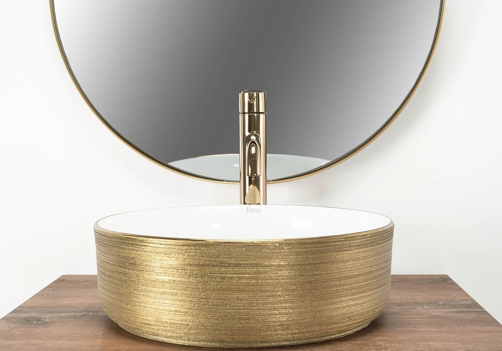 Rea Sami Brush Gold, umývadlo na dosku 36x36 cm, biela-zlatá, REA-U6630