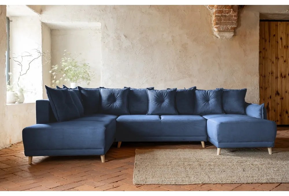 Tmavomodrá menčestrová rozkladacia rohová pohovka (ľavý roh/do "U") Lazy Lukka – Miuform