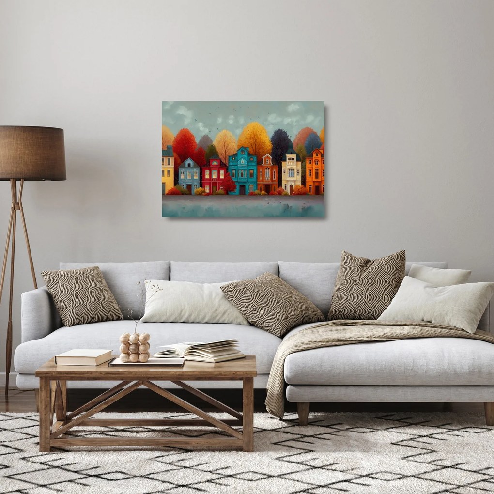 Sklenený obraz - Maľované jesenné mesto (70x50 cm)