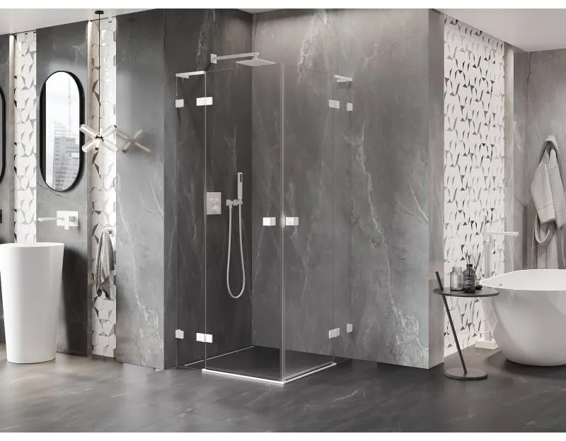 Mexen Lunar, L Duo výklopný sprchový kút 105 x 105 cm, 8mm číre sklo, biely profil, 834L-105L-105P-20-00