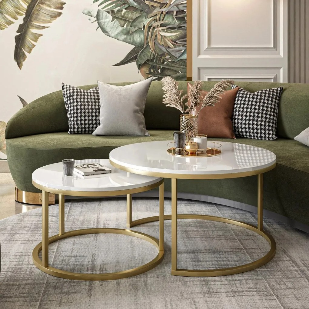 OKRÚHLY KONFERENČNÝ STOLÍK LEONARDO 2 v 1 BIELÝ LESK + ZLATÝ PODSTAVEC