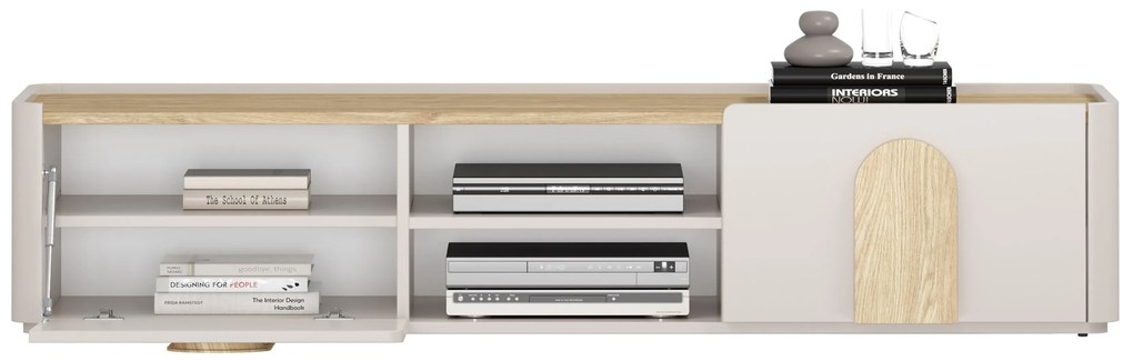 TV stolík Amilio 170 cm so zásuvkou - kašmír / olejovaný dub / úchytky svetlý dub